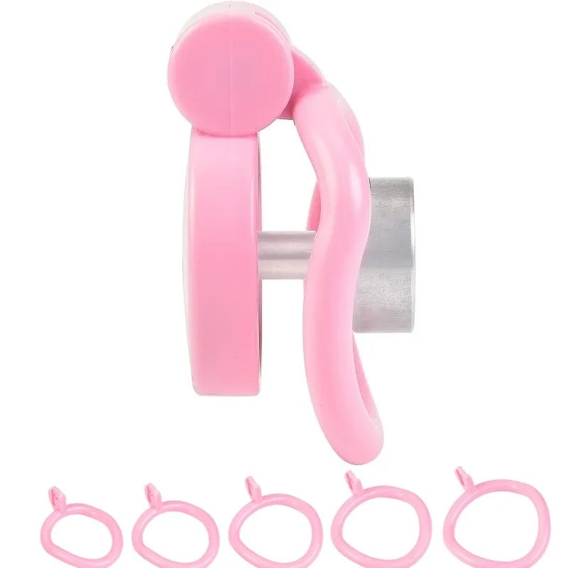 Small Male Chastity Cage Set with 5 Rings & Urethral Sound Plug Pink / Black