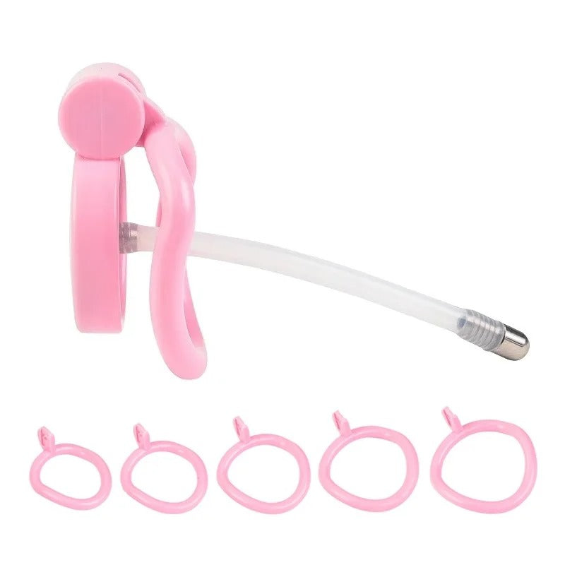 Small Male Chastity Cage Set with 5 Rings & Urethral Sound Plug Pink / Black