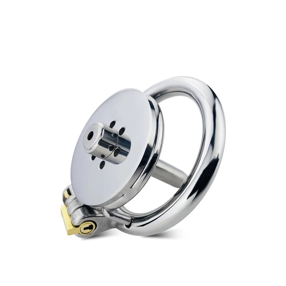 Flat Inverted CBT Chastity Cage with Metal Urethral Catheter – Lockable BDSM Restraint Device for Men