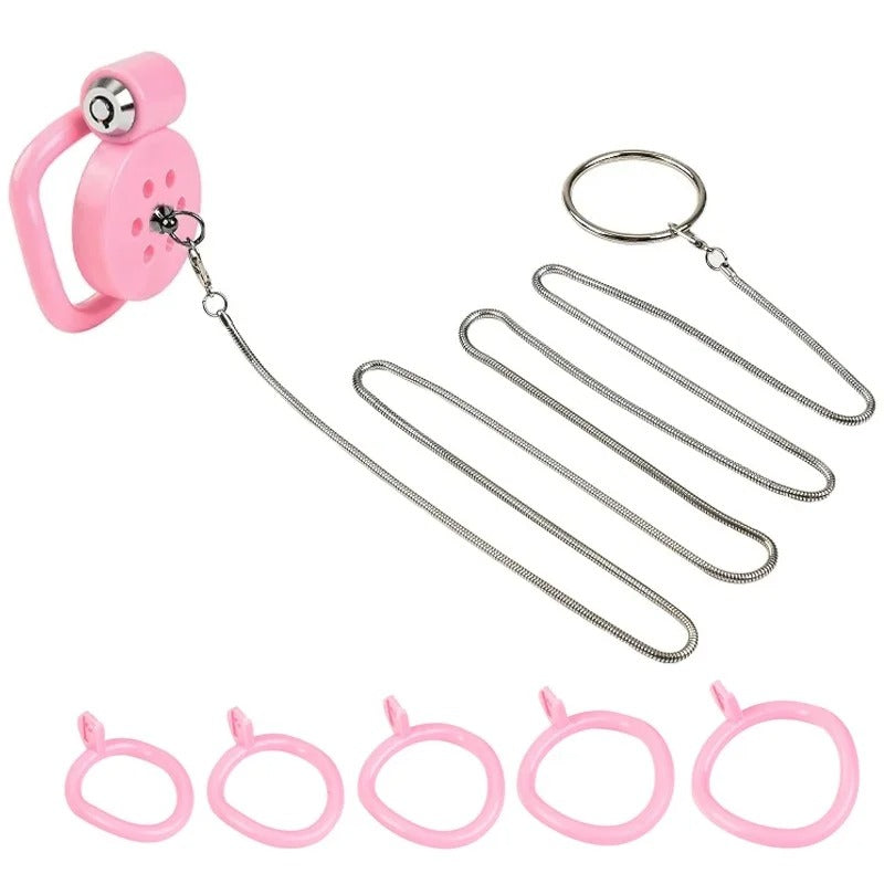 Small Male Chastity Cage Set with 5 Rings & Urethral Sound Plug Pink / Black
