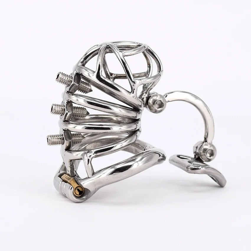 Stainless Steel Male Chastity Cage with Removable Spikes and Scrotum Stimulator