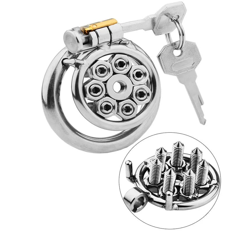 Stainless Steel Male Chastity Device – Adjustable Spiked Belt with Locking Cage