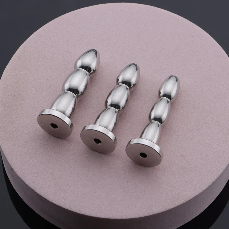Stainless Steel Hollow Urethral Sound with 3 Beads – Penis Plug Dilator for Men