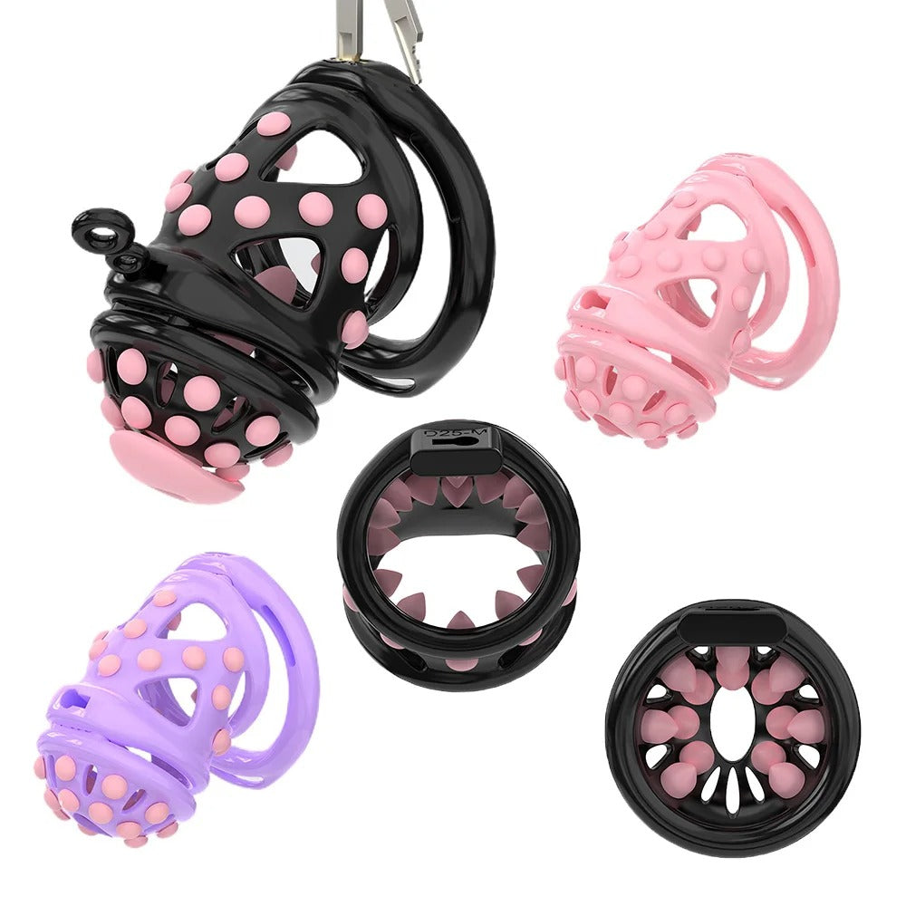 New Male Chastity Cage with Soft Studs, Urethral Sound Plug & 6 Interchangeable Rings