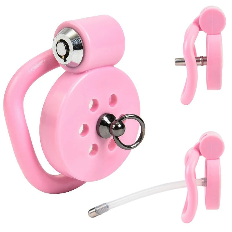 Small Male Chastity Cage Set with 5 Rings & Urethral Sound Plug Pink / Black
