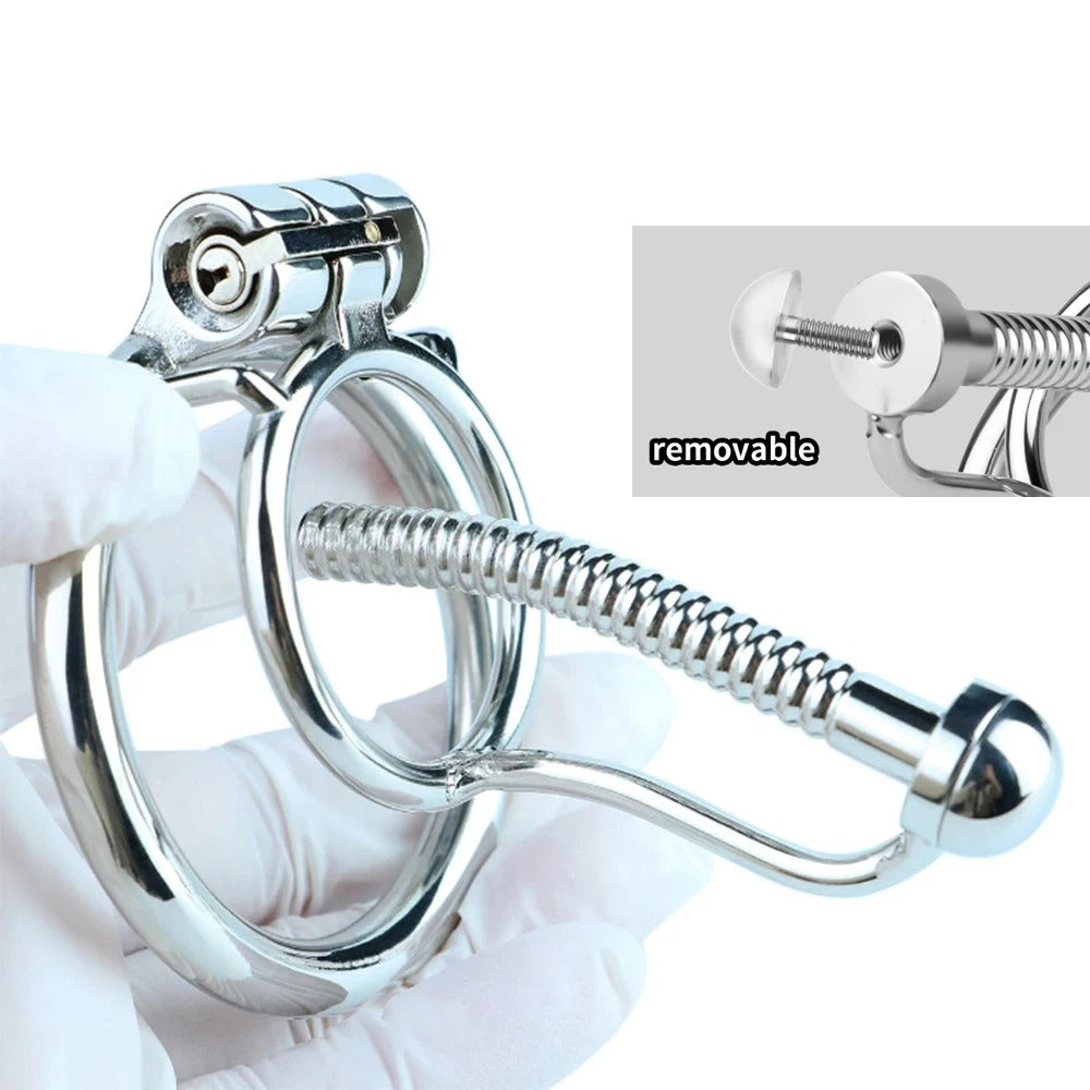 Stainless Steel Male Chastity Device – Locking Cage with Catheter and Ring-Men Chastity Belt