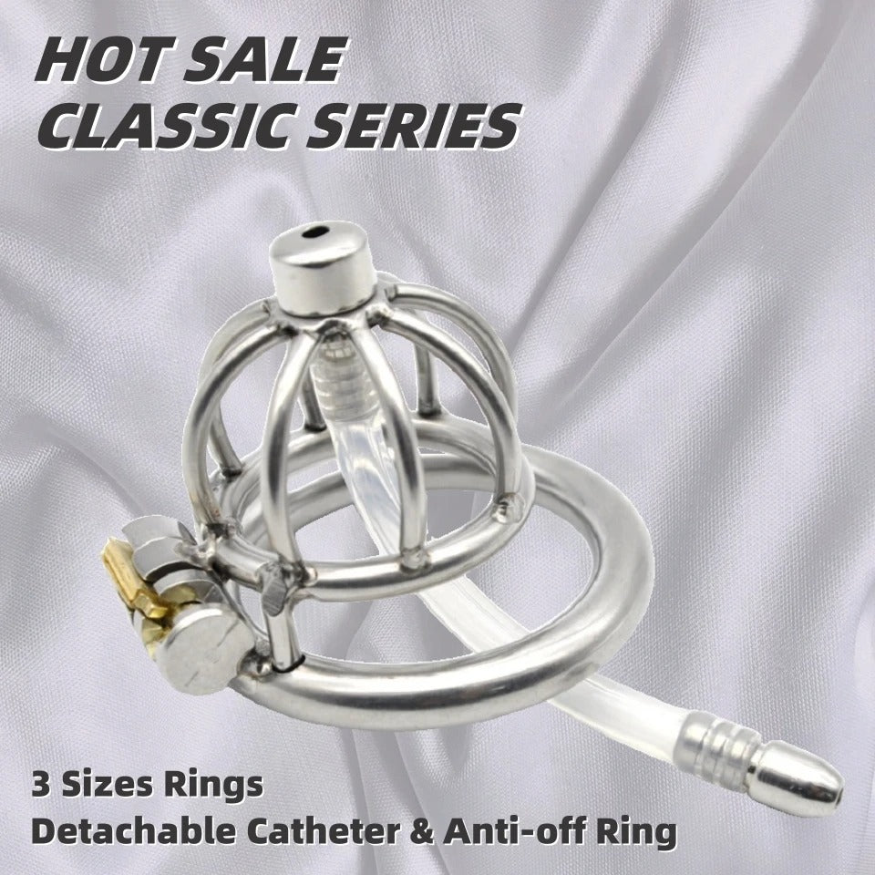 Stainless Steel Male Chastity Device with Urethral Catheter and Anti-Off Ring