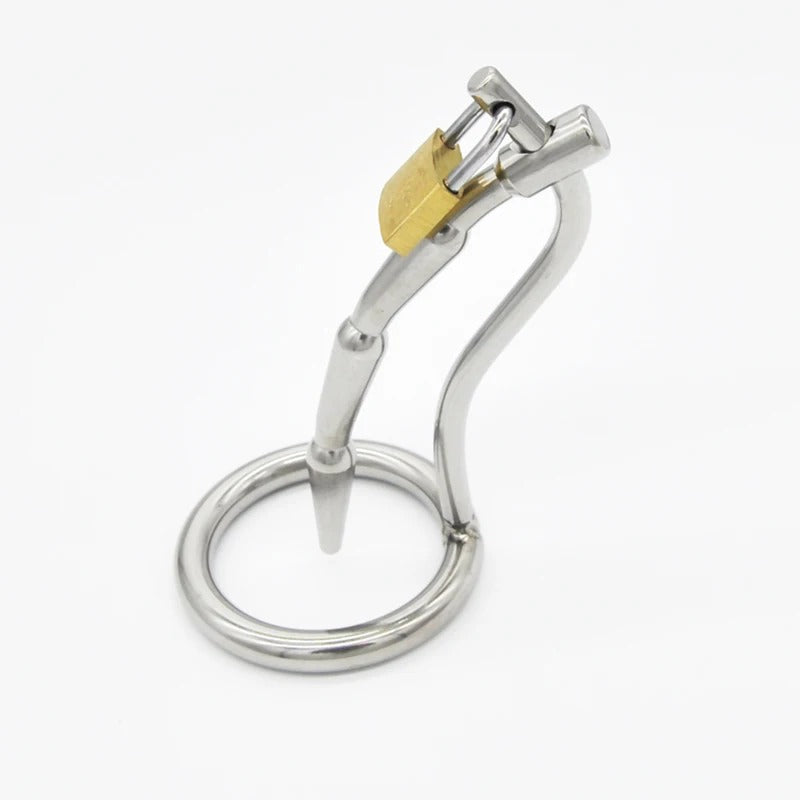 Stainless Steel Male Chastity Device with Urinary Plug and Locking Ring Total Length About 115 mm