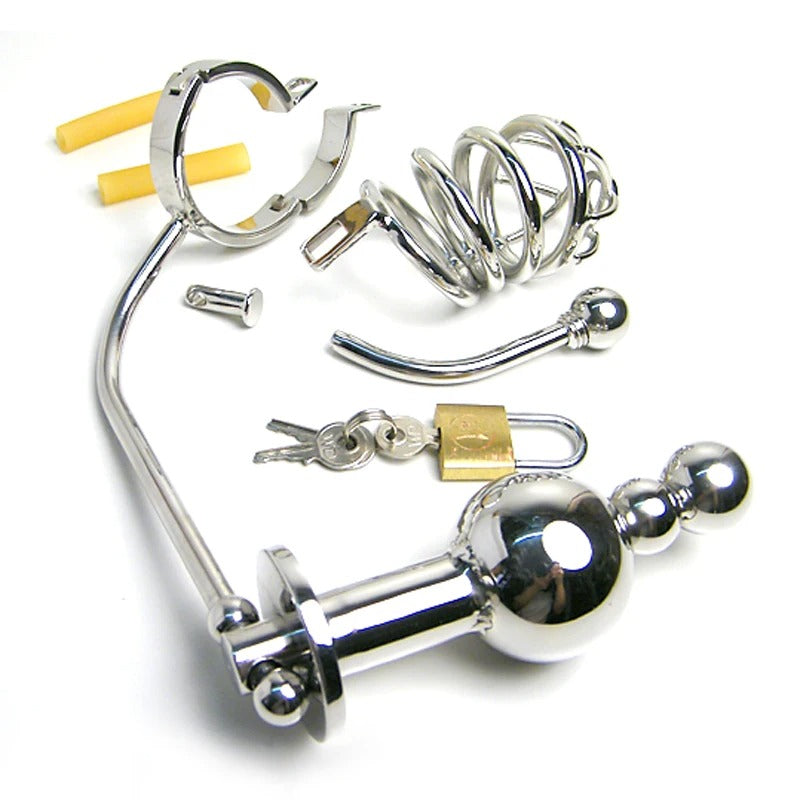 Men’s Stainless Steel Chastity Device with Anal Plug & Beads