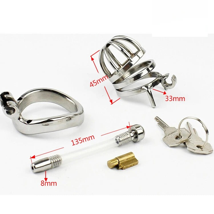 Stainless Steel Stealth Lock Male Short Chastity Device with Urethral Catheter