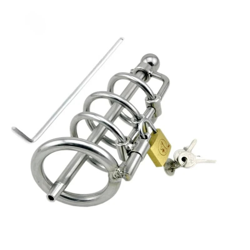 3 Ring Stainless Steel Male Chastity Device with Catheter