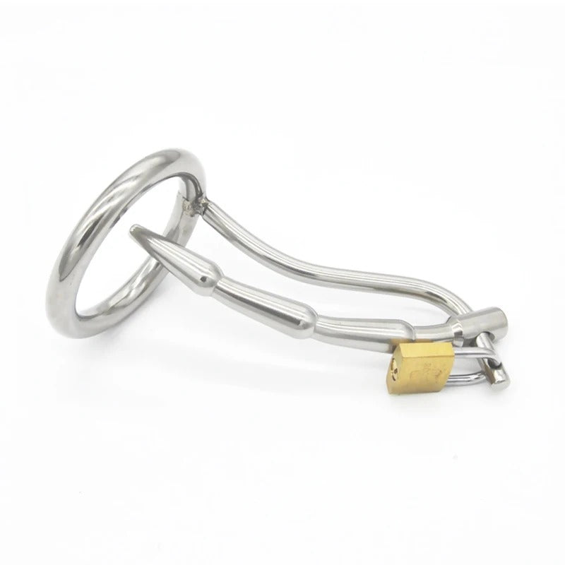 Stainless Steel Male Chastity Device with Urinary Plug and Locking Ring Total Length About 115 mm