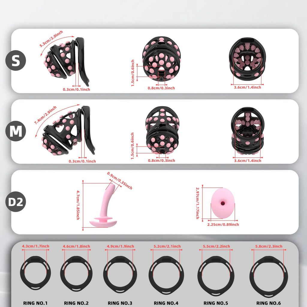 New Male Chastity Cage with Soft Studs, Urethral Sound Plug & 6 Interchangeable Rings