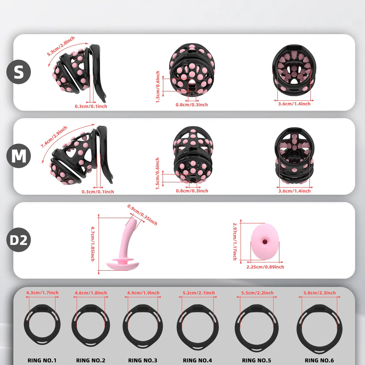 New Male Chastity Cage with Soft Studs, Urethral Sound Plug & 6 Interchangeable Rings