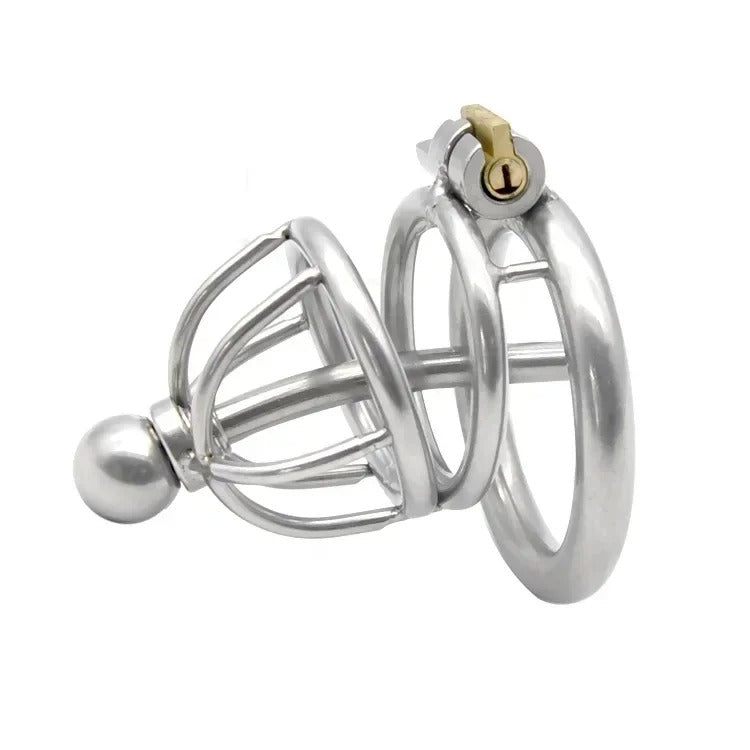 Male 304 Stainless Steel Chastity Device with Urethra Catheter Medium Cage
