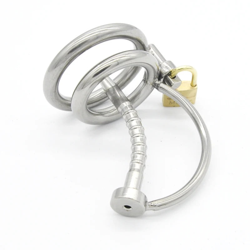 Stainless Steel Male Chastity Device with Removable Catheter and Locking Ring