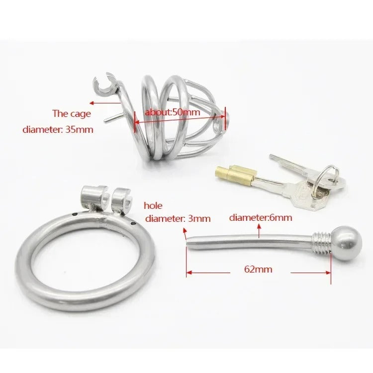 Male 304 Stainless Steel Chastity Device with Urethra Catheter Large Cage