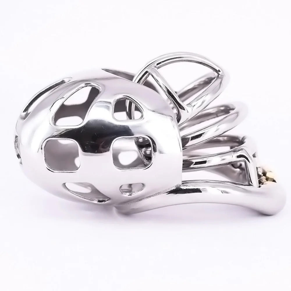 Short Stainless Steel Chastity Cage with Scrotum Pouch – Arc Ring Metal Device for Men