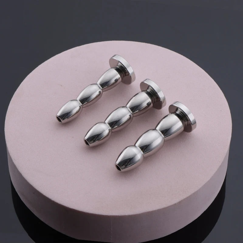 Stainless Steel Hollow Urethral Sound with 3 Beads – Penis Plug Dilator for Men