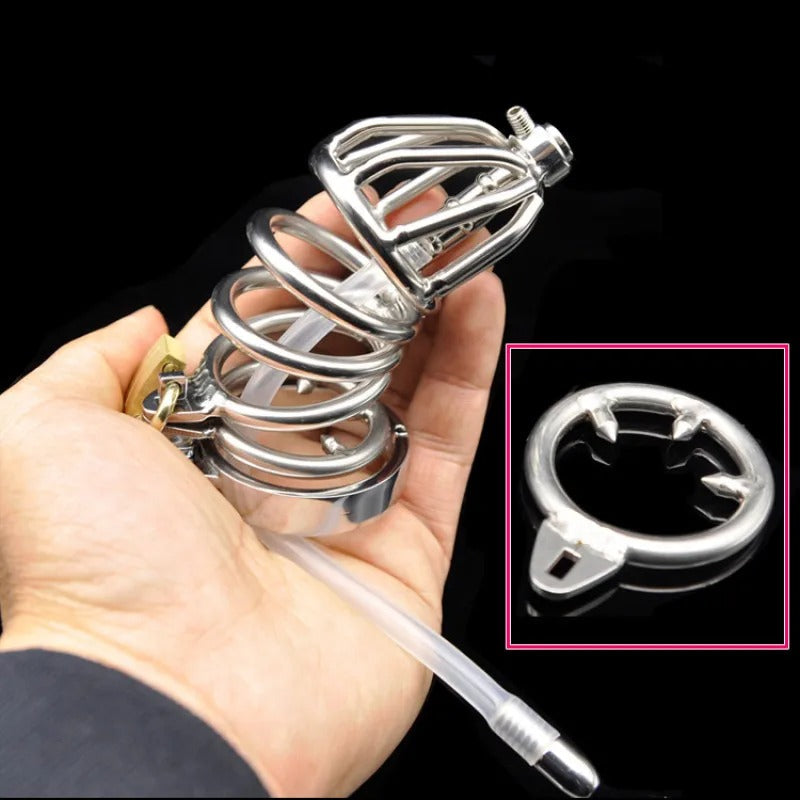 Stainless Steel Standard Male Chastity Device with Catheter Deluxe