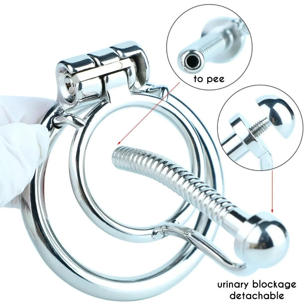 Stainless Steel Male Chastity Device – Locking Cage with Catheter and Ring-Men Chastity Belt