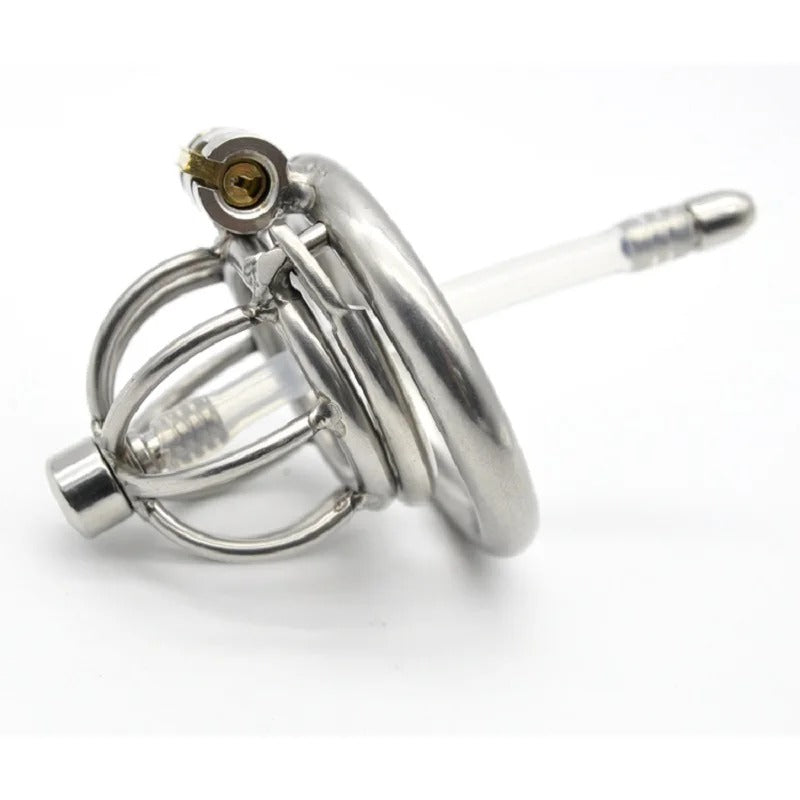 Stainless Steel Male Chastity Device with Urethral Catheter and Anti-Off Ring
