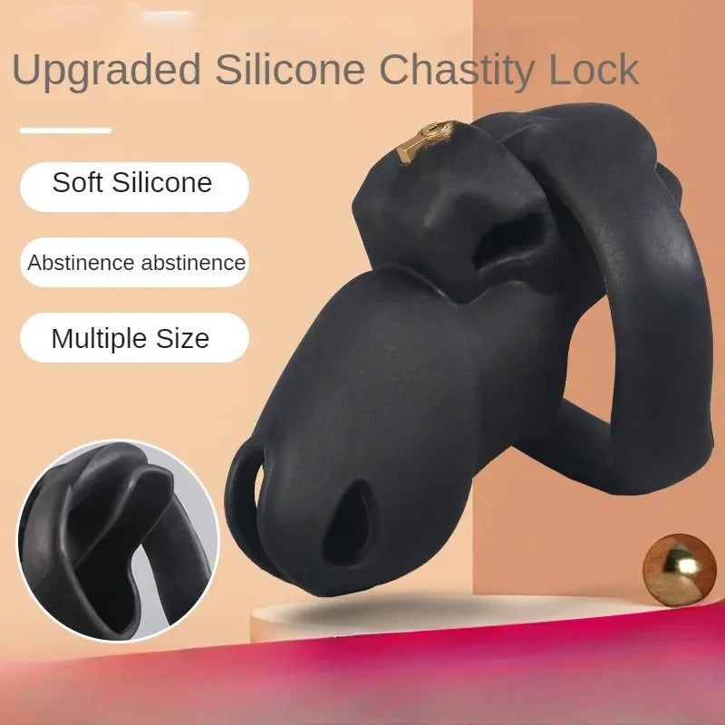 New Model Silicone Male Chastity Cage – Lightweight Lock with 5 Rings, Black & Pink
