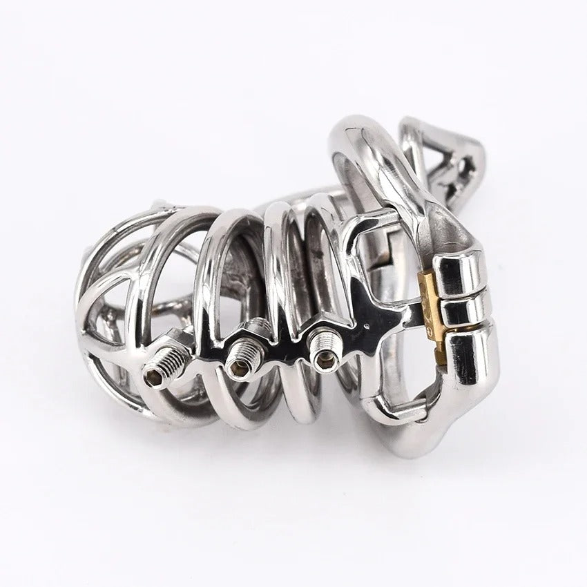 Stainless Steel Male Chastity Cage with Removable Spikes and Scrotum Stimulator