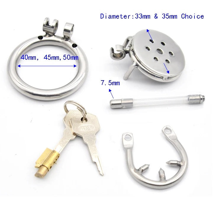 Super Small Stainless Steel Male Chastity Device Set with Metal Silicone Catheter
