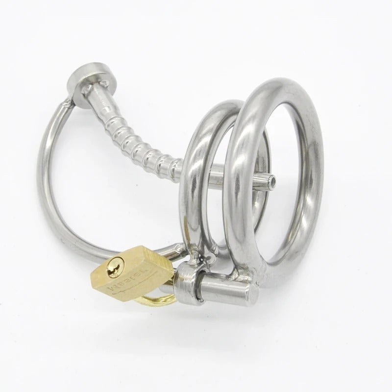 Stainless Steel Male Chastity Device with Removable Catheter and Locking Ring