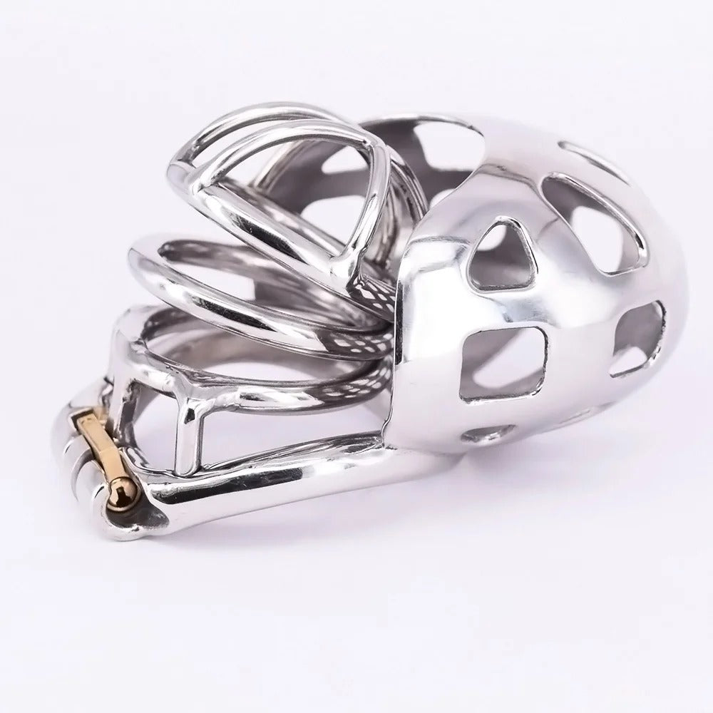 Short Stainless Steel Chastity Cage with Scrotum Pouch – Arc Ring Metal Device for Men