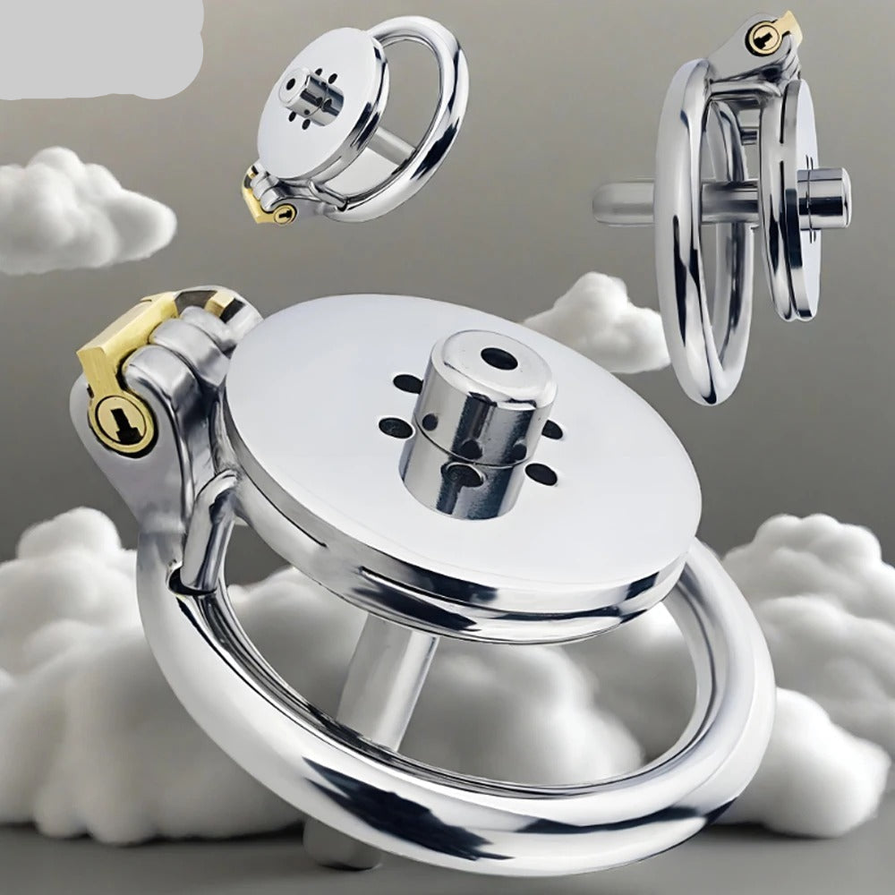 Flat Inverted CBT Chastity Cage with Metal Urethral Catheter – Lockable BDSM Restraint Device for Men