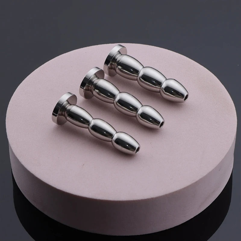 Stainless Steel Hollow Urethral Sound with 3 Beads – Penis Plug Dilator for Men