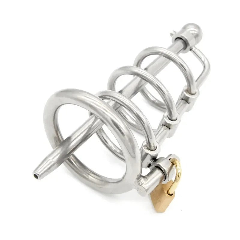 3 Ring Stainless Steel Male Chastity Device with Catheter
