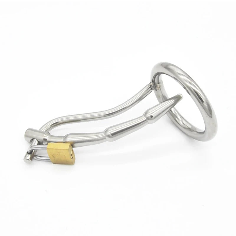 Stainless Steel Male Chastity Device with Urinary Plug and Locking Ring Total Length About 115 mm