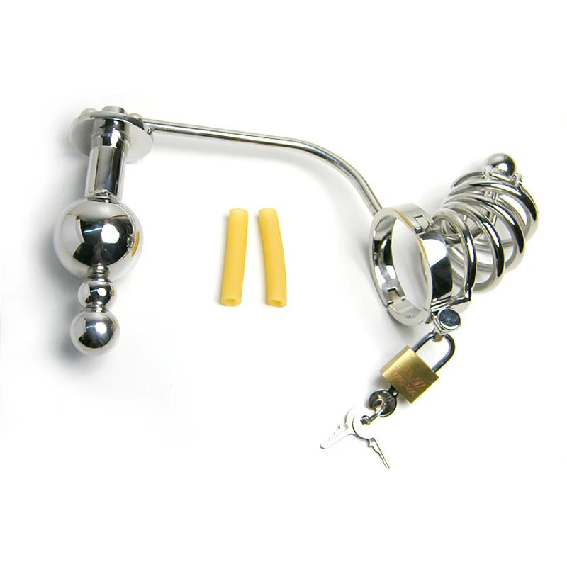 Men’s Stainless Steel Chastity Device with Anal Plug & Beads