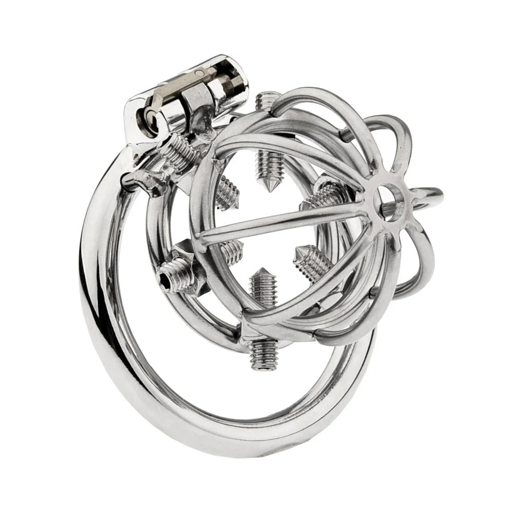 Stainless Steel Male Chastity Device – Spiked Ring and Locking Belt Design
