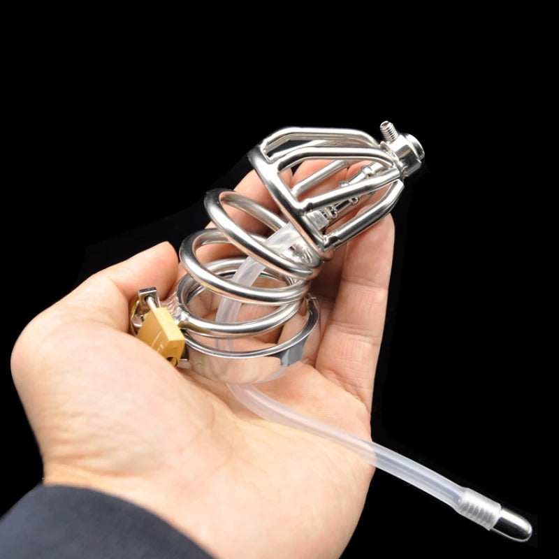 Stainless Steel Standard Male Chastity Device with Catheter Deluxe