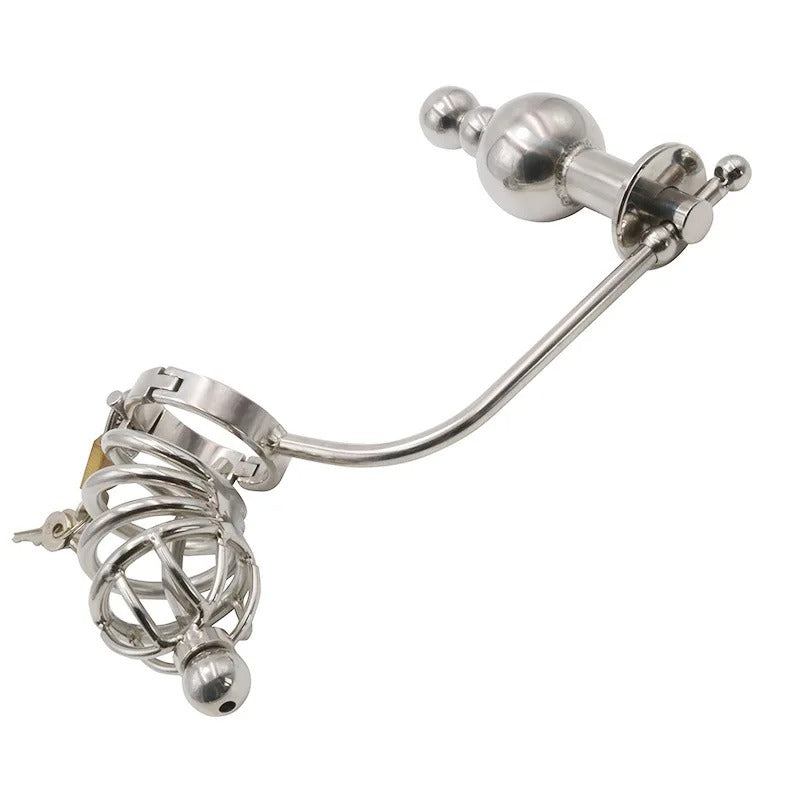 Men’s Stainless Steel Chastity Device with Anal Plug & Beads