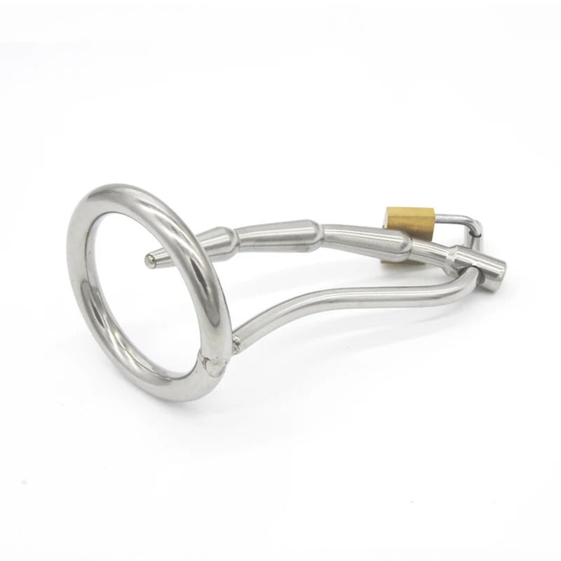 Stainless Steel Male Chastity Device with Urinary Plug and Locking Ring Total Length About 115 mm