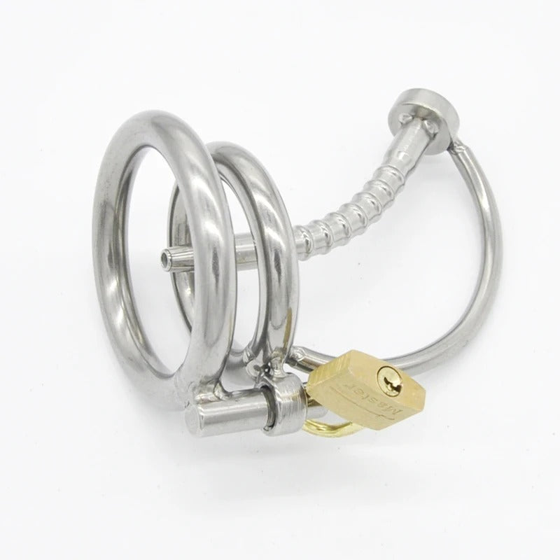 Stainless Steel Male Chastity Device with Removable Catheter and Locking Ring