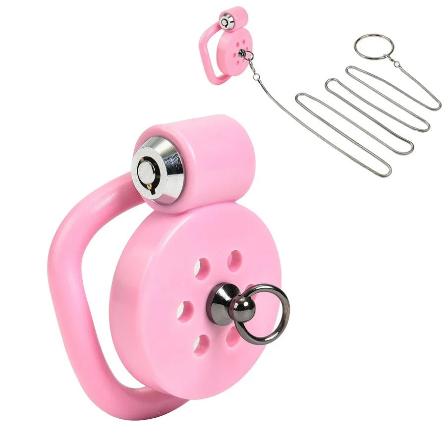 Small Male Chastity Cage Set with 5 Rings & Urethral Sound Plug Pink / Black