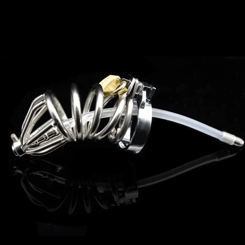 Stainless Steel Standard Male Chastity Device with Catheter Deluxe