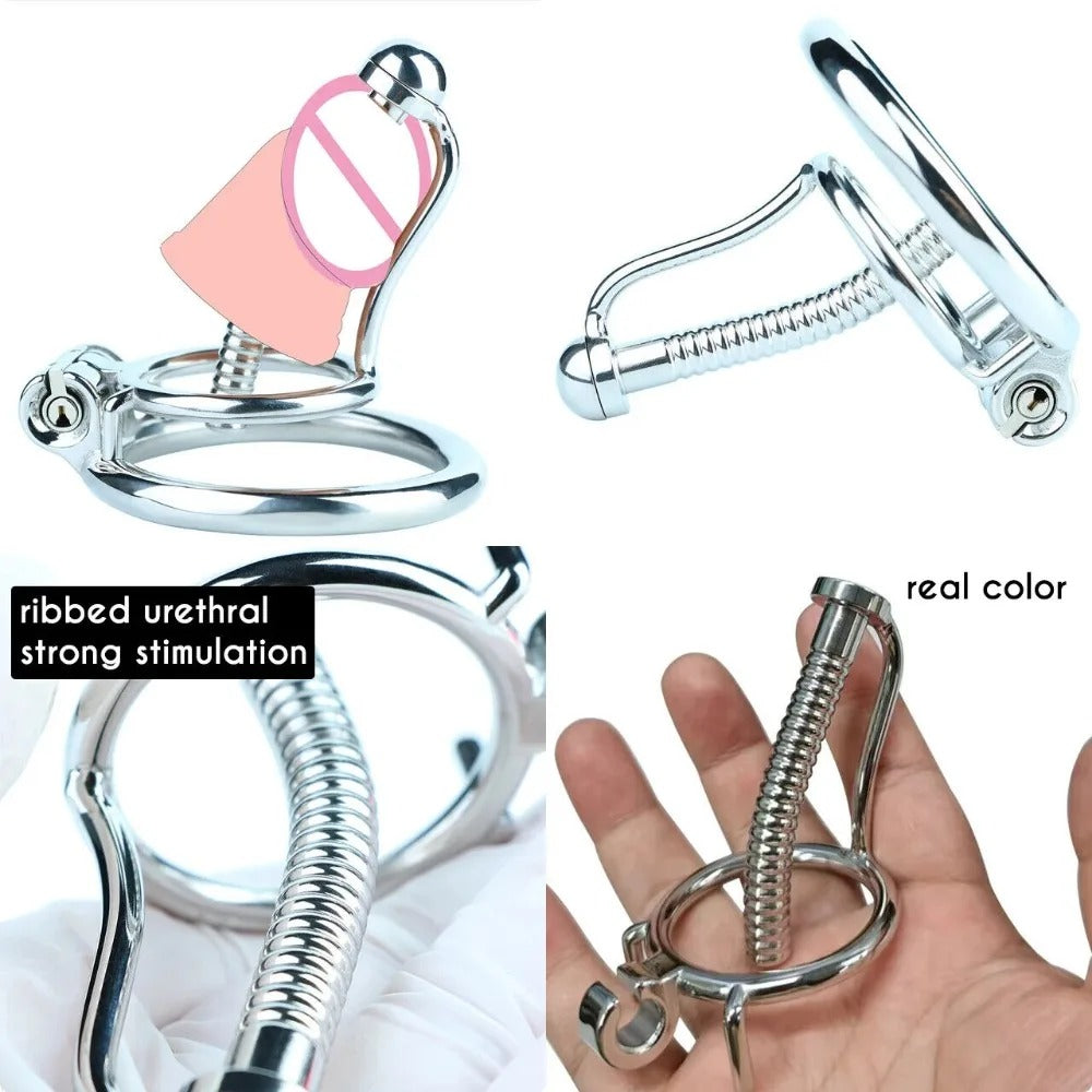Stainless Steel Male Chastity Device – Locking Cage with Catheter and Ring-Men Chastity Belt