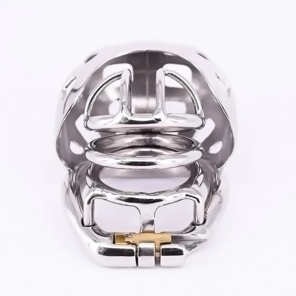 Short Stainless Steel Chastity Cage with Scrotum Pouch – Arc Ring Metal Device for Men