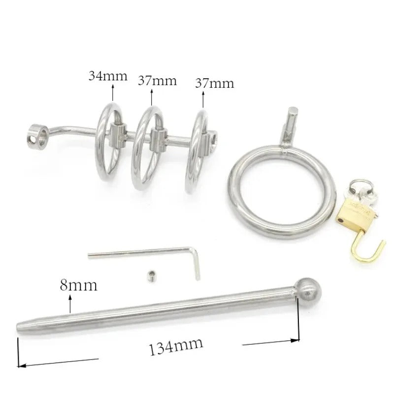3 Ring Stainless Steel Male Chastity Device with Catheter