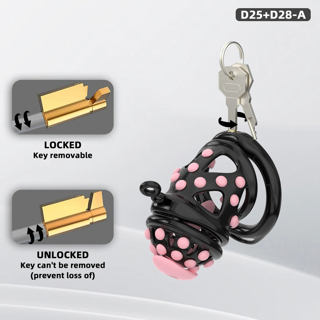 New Male Chastity Cage with Soft Studs, Urethral Sound Plug & 6 Interchangeable Rings