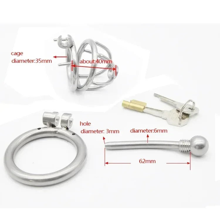 Male 304 Stainless Steel Chastity Device with Urethra Catheter Medium Cage