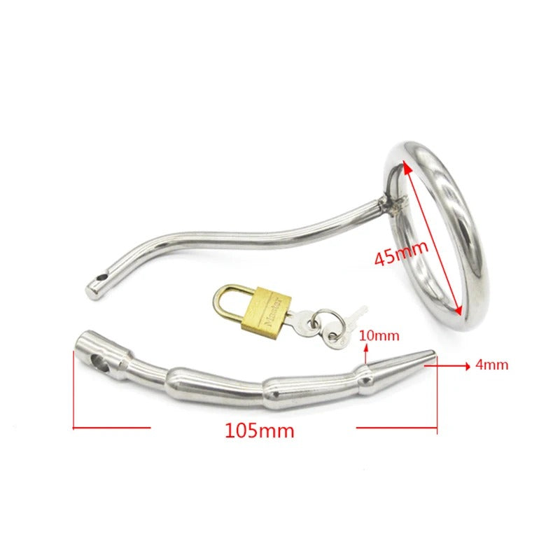 Stainless Steel Male Chastity Device with Urinary Plug and Locking Ring Total Length About 115 mm