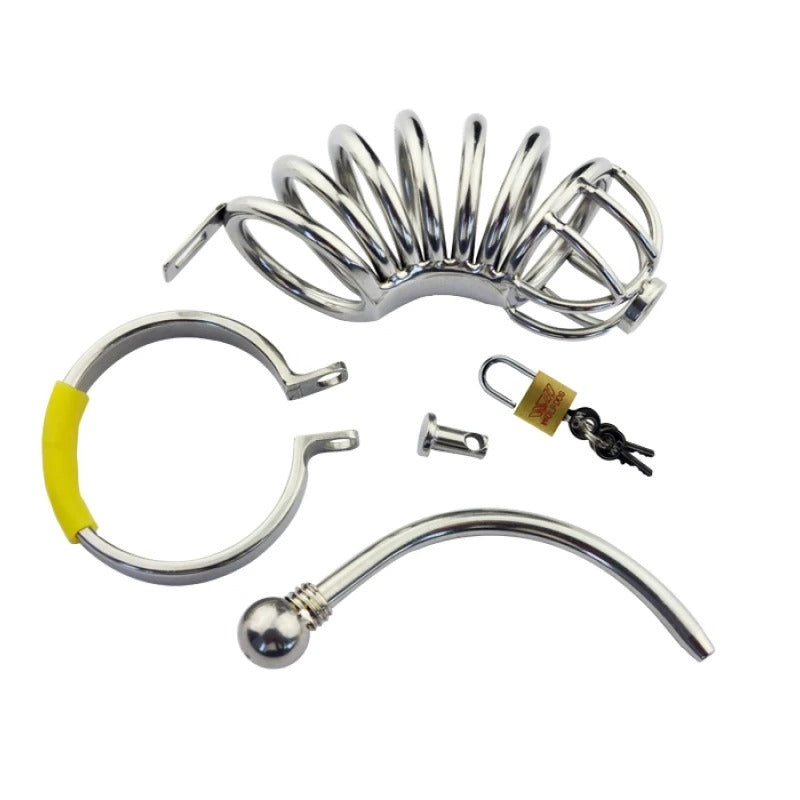 Stainless Steel Long Male Chastity Device with Urethral Catheter
